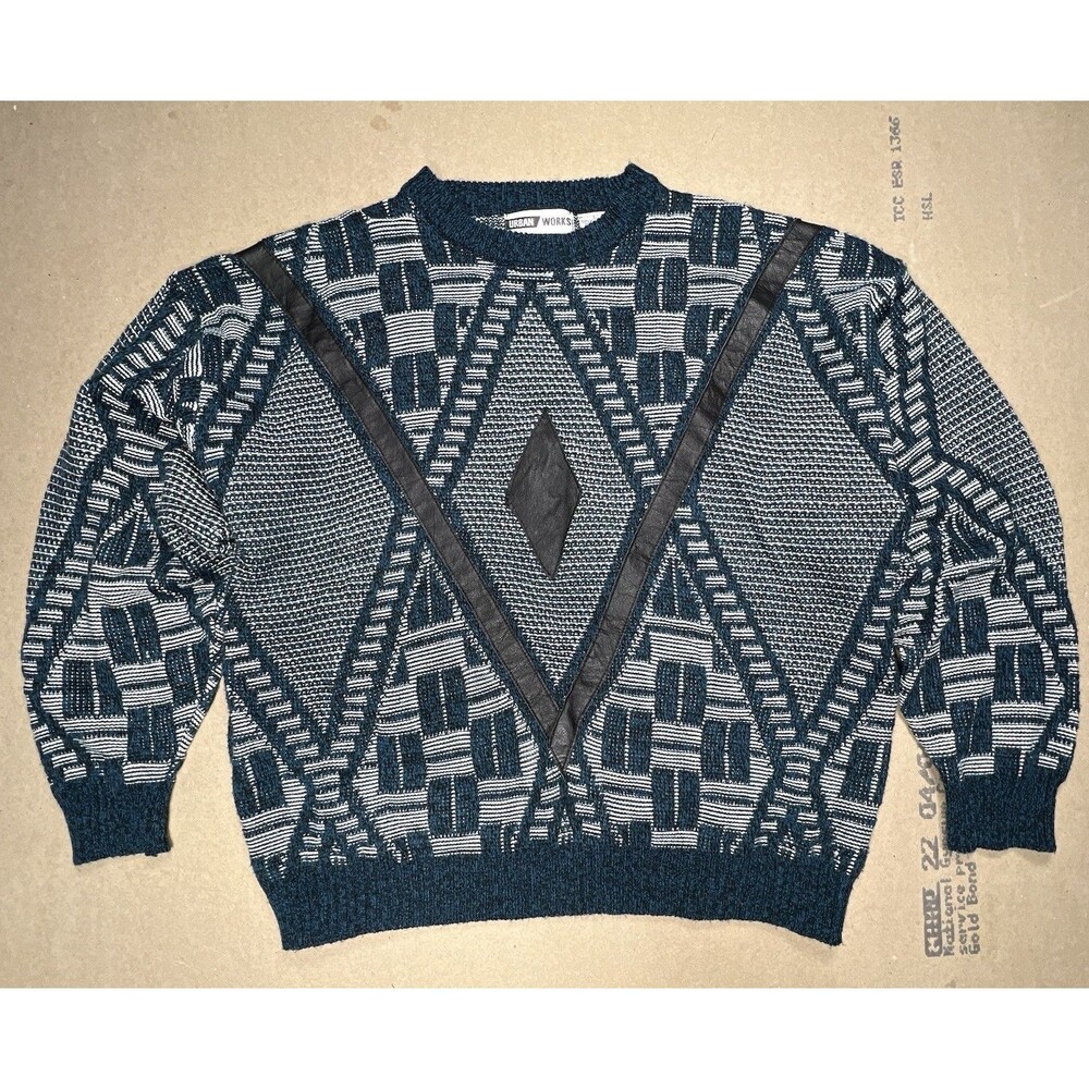 Vintage Urban Works Sweater L Korea 90s Coogi Style Geometric Knit Leather Trim
